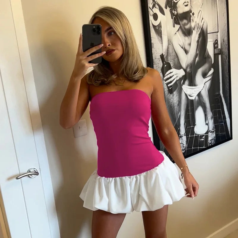 TARUXY Contrast Color Mini Folds Dress For Women Strapless Sexy Slim Sleeveless Ruched Splice Y2K Beach Female Club Party Dress voguable