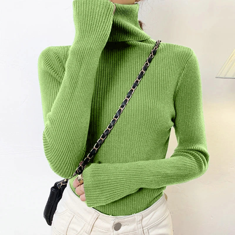 Elegant Solid Basic Knitted Tops Women Turtlneck Sweater Long Sleeve Casual Slim Pullover Korean Fashion Simple Chic Clothes voguable