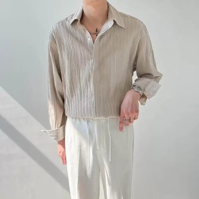 Voguable Black Apricot White Long-sleeved Shirt Men Fashion Social Men Dress Shirt Korean Loose Casual Pleated Shirts Men Formal Shirt voguable