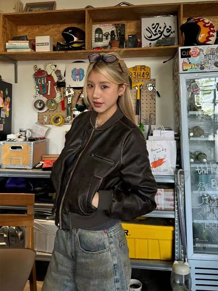 Y2K American Pu Leather Women Jacket Y2K Brown Vintage Long Sleeve Stand Collar Crop Coats Hip Hop Streetwear Zipper Outerwear voguable