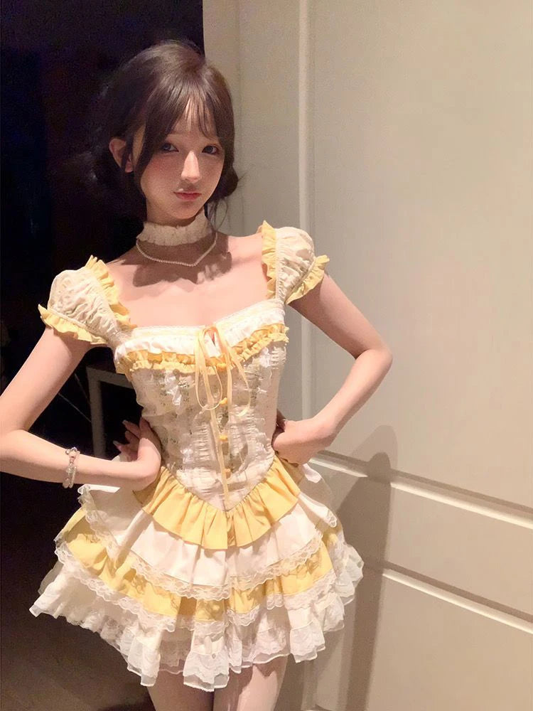 Cute Lolita Women Mini Dress High Waist Summer Short Sleeve Japanese Dress Patchwork Lace Ladies Tunic Party Vestidos New voguable