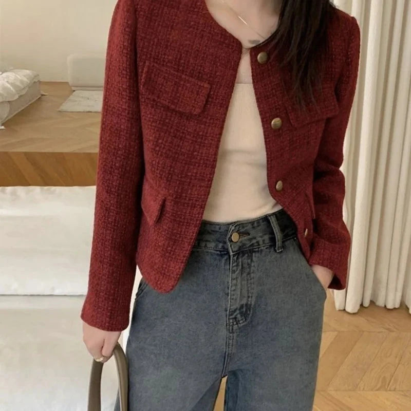 Zoki Women Slim Vintage Jacket Fall Winter Long Sleeve Sweet Elegant Coat French Casual Female O Neck Single Breasted Retro Tops voguable