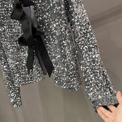 Voguable  Korean version name Warm air short version Small fragrant sequins Small suit Light ripe wind BINGBING bead lace-up bow top voguable