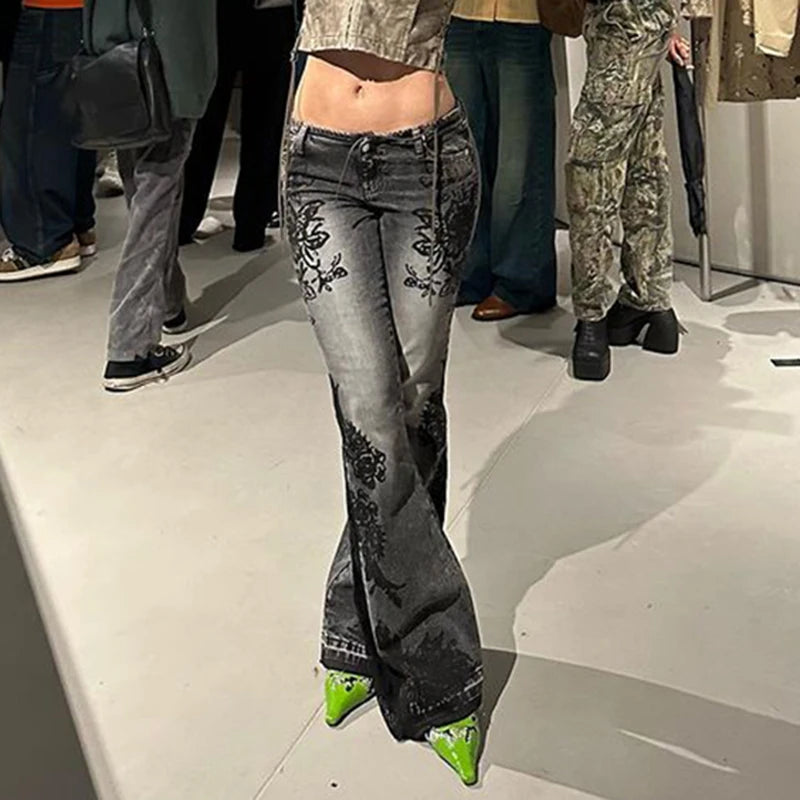 Voguable Streetwear y2k Flare Jeans Distressed 2000s Floral Print Low Rise Slim Denim Pants Korean Women Trousers Retro Mom Jeans voguable
