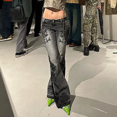 Voguable Streetwear y2k Flare Jeans Distressed 2000s Floral Print Low Rise Slim Denim Pants Korean Women Trousers Retro Mom Jeans voguable