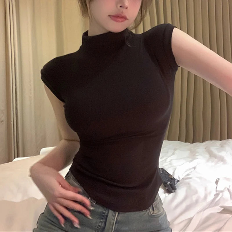 y2k Crop Tops Women Summer Vest Solid Color Mock Neck Sleeveless Stretchy T Shirts 2000s Aesthetic Clothing Streetwear voguable