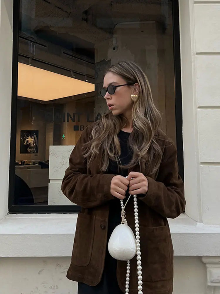 Fashion Brown Lapel With Pocket Jacket Woman Casual Single Breasted Long Sleeve Coat 2024 Lady Autumn Warm High Street Outwear voguable