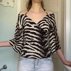 Voguable  Fashion Leopard Printing T-shirts Bead Halter Off Shouler V Neck Flare Sleeve Loose Fit Female Tie Up Sexy Ladies Tops Clothes voguable