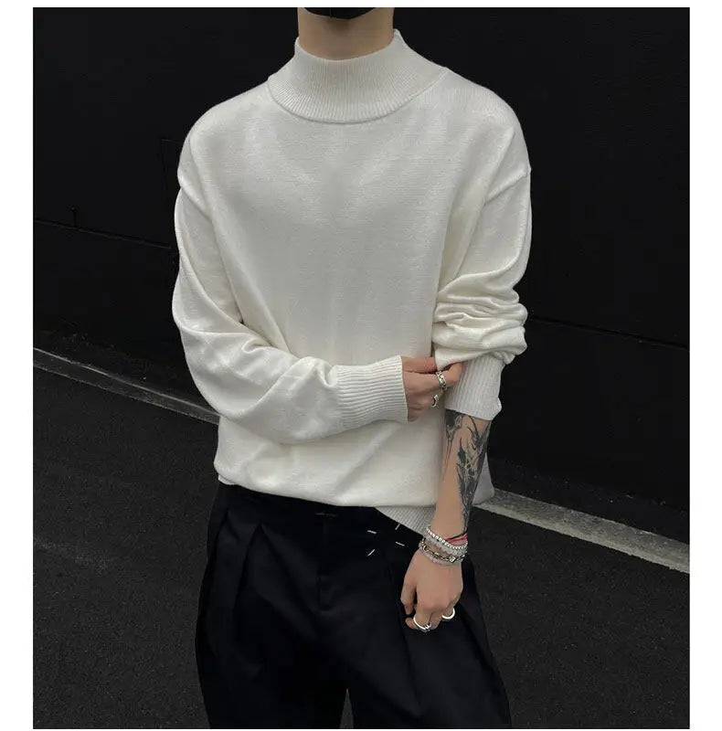 Men's Light Luxury Knit Mock Neck Sweater Autumn Winter Fashion Korean Long Sleeve Streetwear Leisure All-match Knitwear voguable