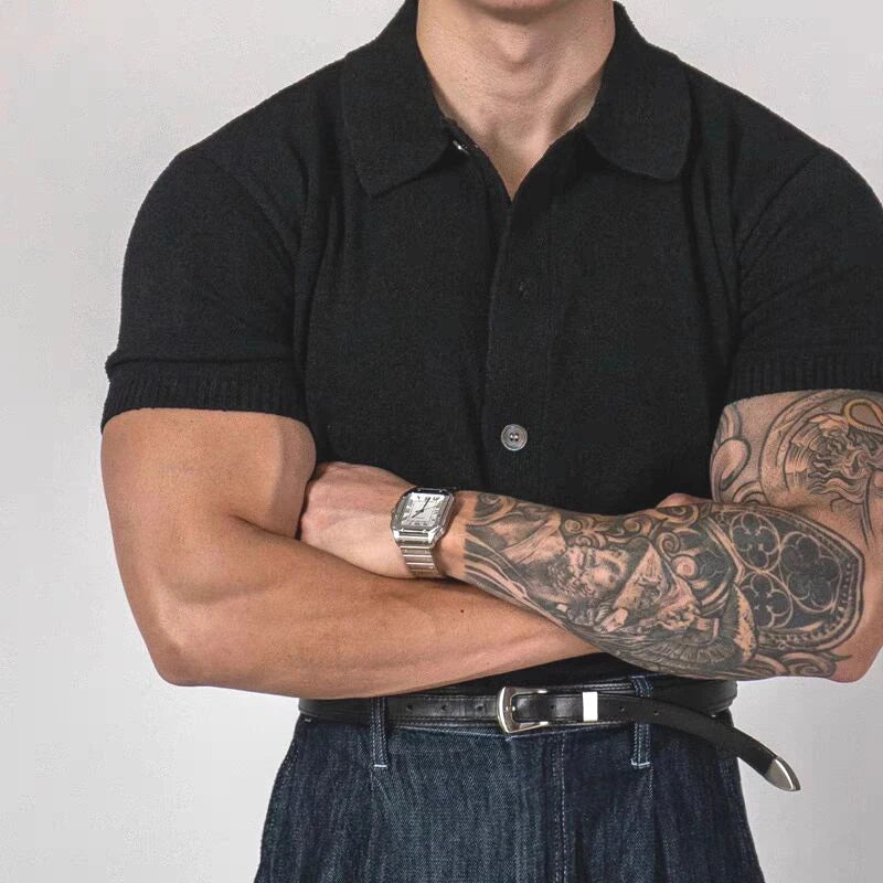 Voguable  American Style Hard Man Silk Cotton Ice Silk Knitted Short Sleeve  Shirt Breathable Muscle Men Slim Fit Summer T-Shirt voguable