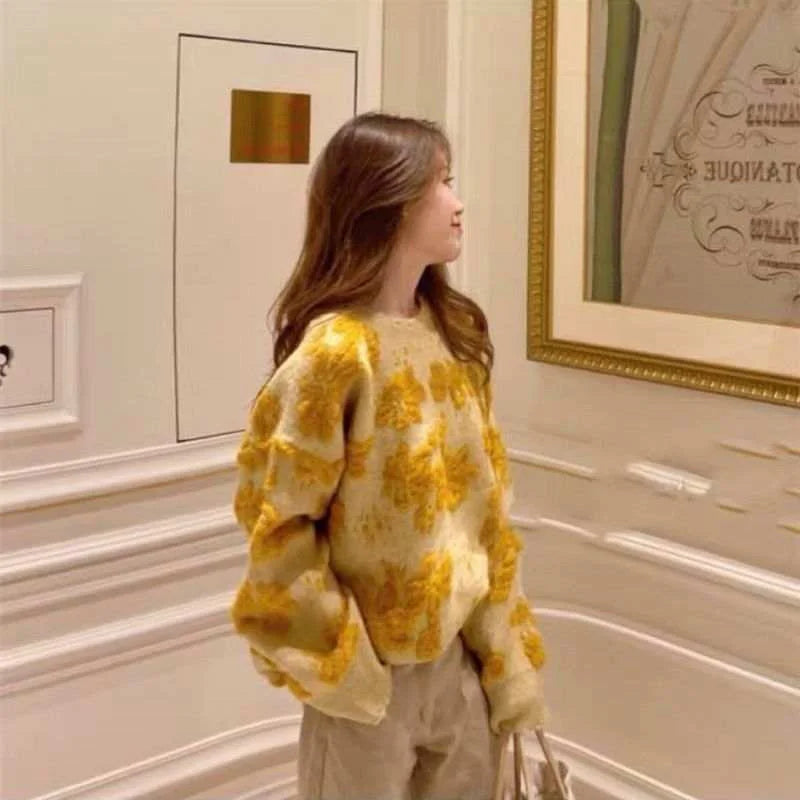 Flower Stitching Yellow Knitted Sweater For Women Round Neck Long Sleeves Fashion Pullover Spring Winter New
