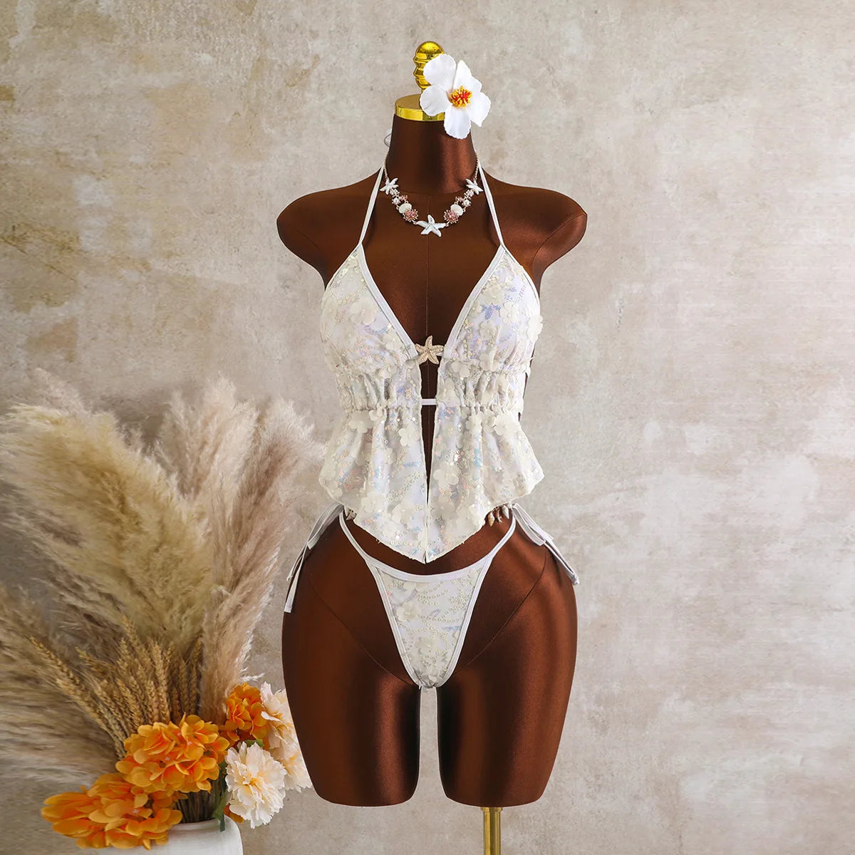 Voguable  Women Backless Bikinis Sequin 3D Flower Halter Tankini Set with Starfish Side Tie High Cut Bottom 2 Piece Swimwear Bathing Suits voguable