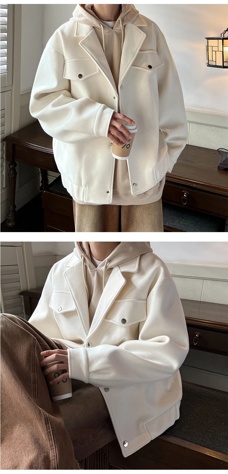 Winter Short Woolen Coat Men Warm Fashion Casual Thick Woolen Jacket Men Korean Loose Thicken Woolen Coat Mens Black Overcoat voguable