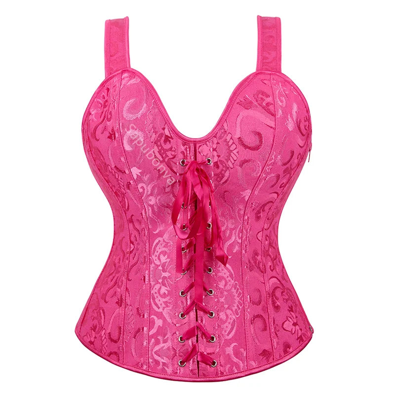 Voguable Rose Red Corset Top With Straps Sexy Bustier Zipper Brocade Vest Lingerie Plus Size Gothic For Women Outfit Burlesque Medieval voguable