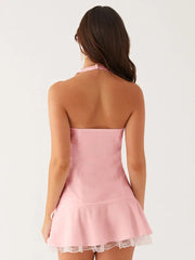 Halter Backless Sexy Mini Dress Women Robe Summer New Lace Patchwork Sleeveless V Neck High Waist Ruffled Dress voguable