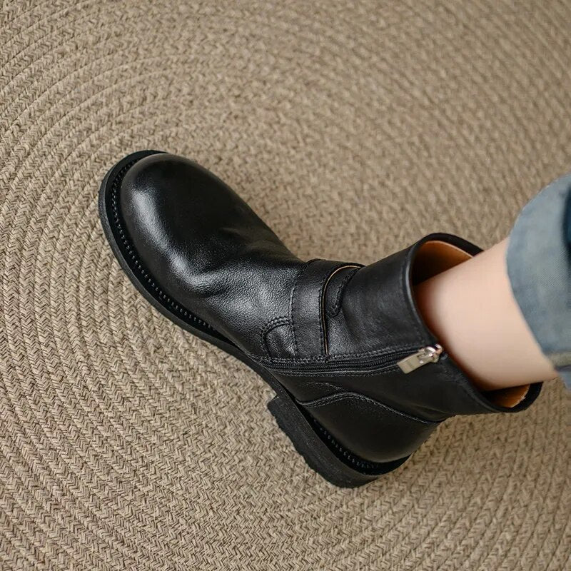 Women Boots Genuine Leather Ankle Boots Autumn Winter Round Toe Side Zipper Office Lady Working Shoes Woman Concise Basic voguable