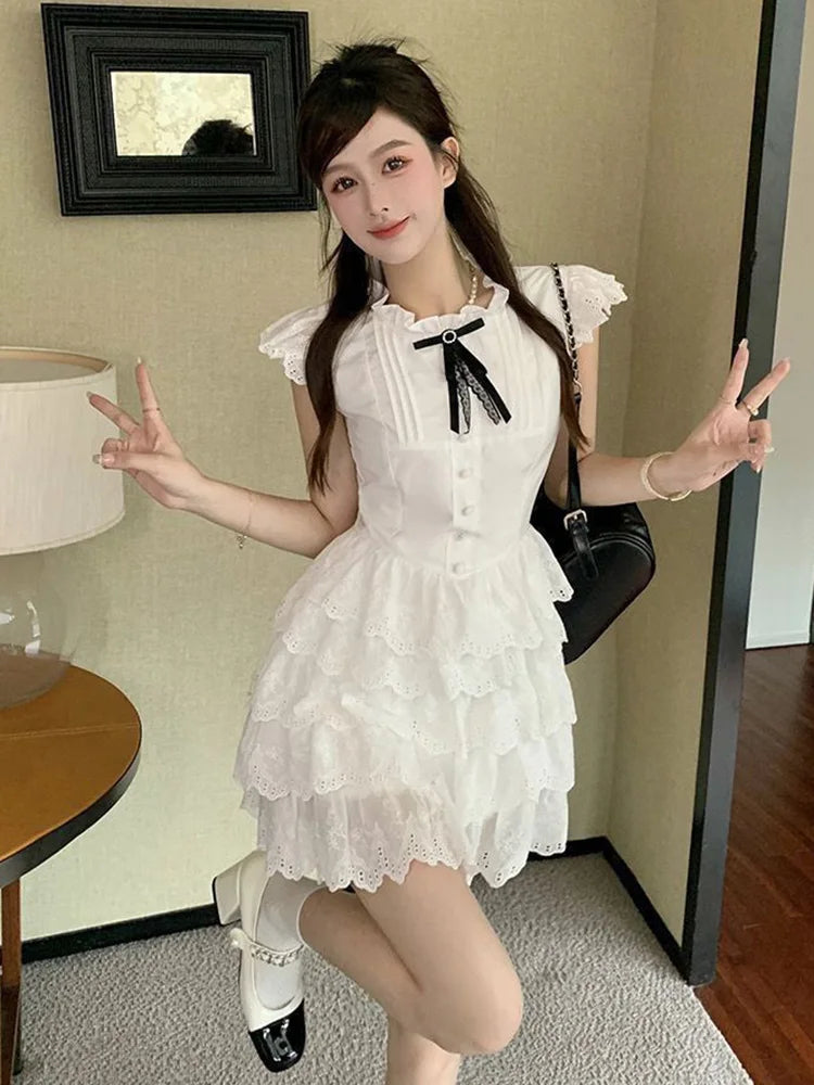 Sweet Chic Bow White Dress Women Slim Fashion Flying Sleeve Cute Mini Dress Casual O Neck Female Elegant Lace A Line Dress voguable