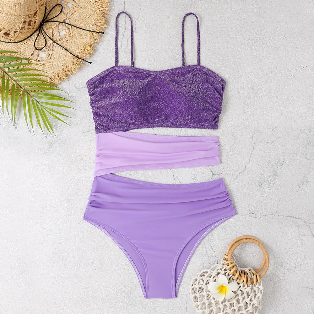 Voguable New Shiny Purple Contrast Swimsuit Women Halter Hollow Out Patchwork One Piece Swimwear Beach Bathing Suit Pleate Monokini voguable