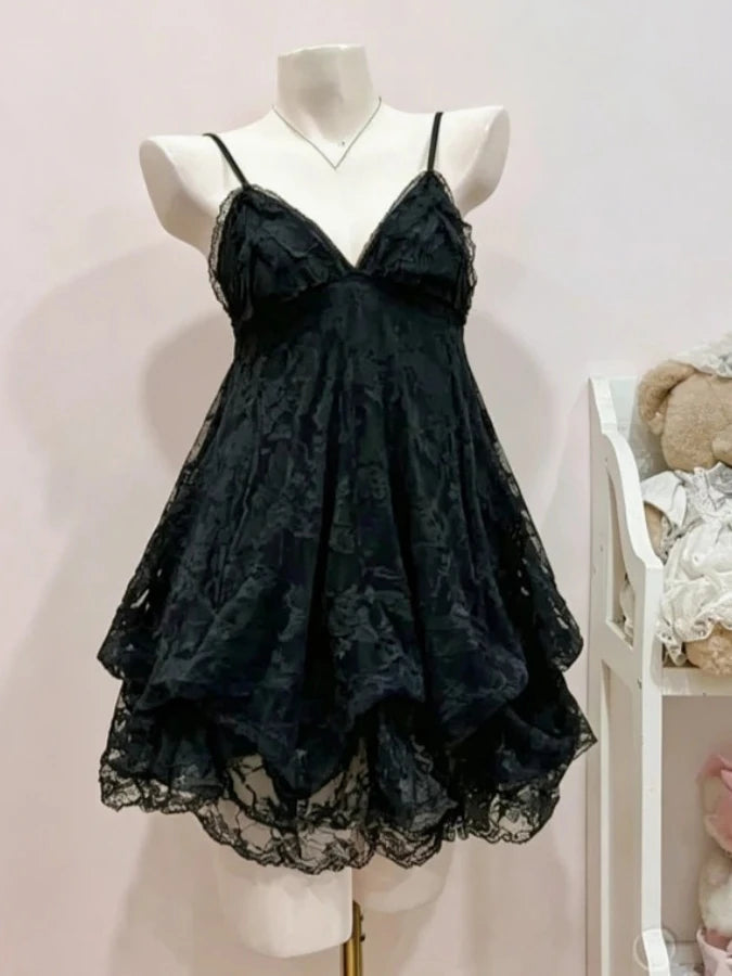 Voguable  Japanese Sweet Kawaii Lolita Ruffle Dress Women Vintage Lace Bow Cake Dress Harajuku Y2k Slim Bandage Dress Summer Fashion voguable