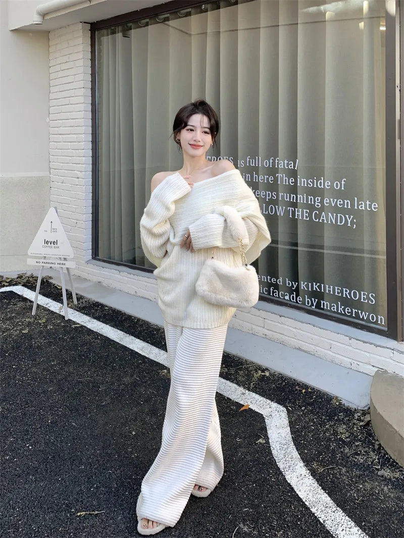 Autumn Design Sexy White Knitted Sweater Women Long Sleeve Pure Color Korean Fashion Y2k Clothing Elegant Pullover Female voguable