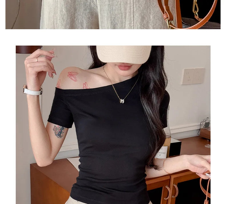 Solid Off Shoulder Short Sleeve T Shirt Simple Basic Sexy Single Sleeved Jumper Top Streetwear Slim Fit Female Y2K Clothes Tees voguable