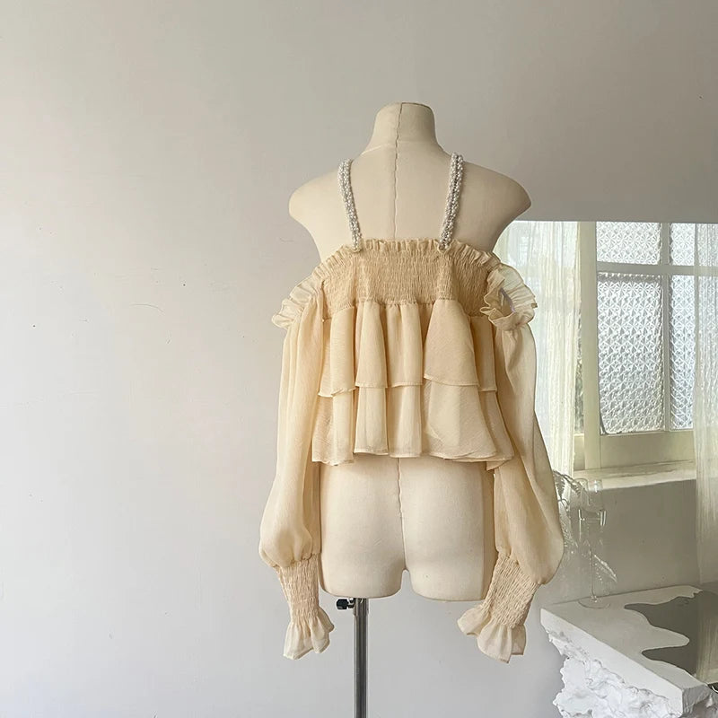Voguable  French Vintage Long Sleeve Shirt For Women Korean Elegant Spring Autumn Off Shoulder Blouse Lace-Up Sling Shawl Ladies New voguable