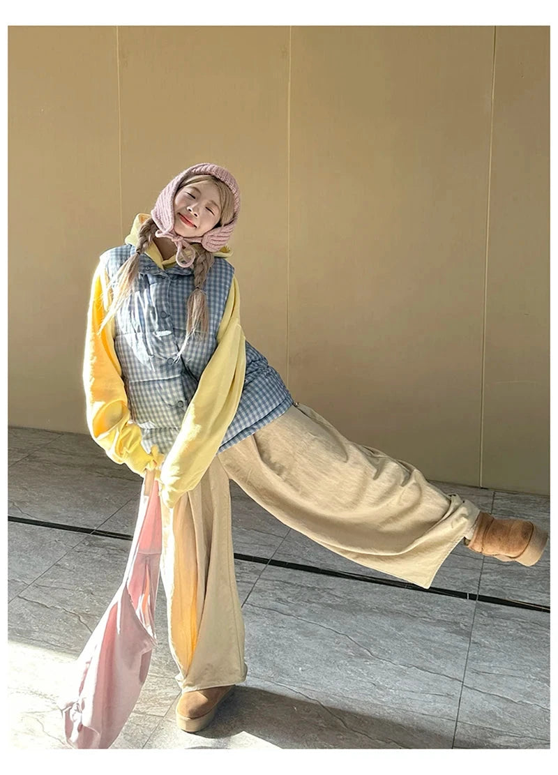 Cute Blue Plaid Puffy Vest Women Loose Vintage Sleeveless Warm Thick Winter Sweet Vest Coat Korean Preppy Style Outwear Top voguable