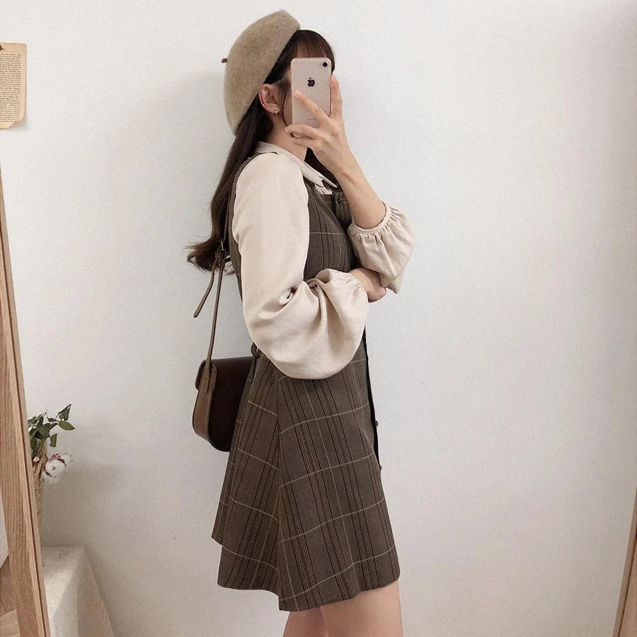 Voguable  Cute Mini New Year Date Dresses Sleeveless Vest Women Korea Japanese Style Design Retro Vintage Plaid Button Shirt Dress voguable
