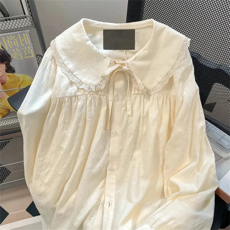 Sweet Doll Collar Shirt Women Japanese Kawaii Lace Patchwork Long Sleeve Blouse Loose Preppy All-Match Apricot Shirt Female voguable