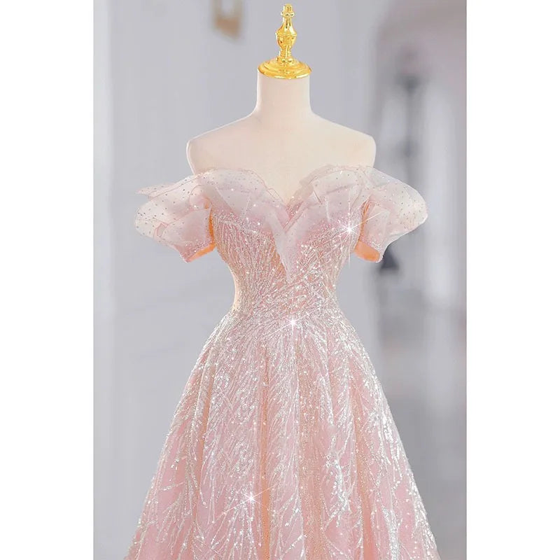 Voguable  New Dream Pink Princess Evening Dress The Bride Is Long and Slim Paillette Sexy Formal Dress Women Elegant Evening Dresses voguable