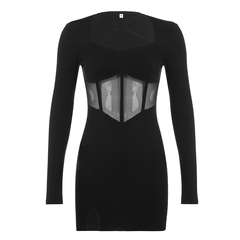 Square Neck Mesh Patchwork See-through Dress mysite