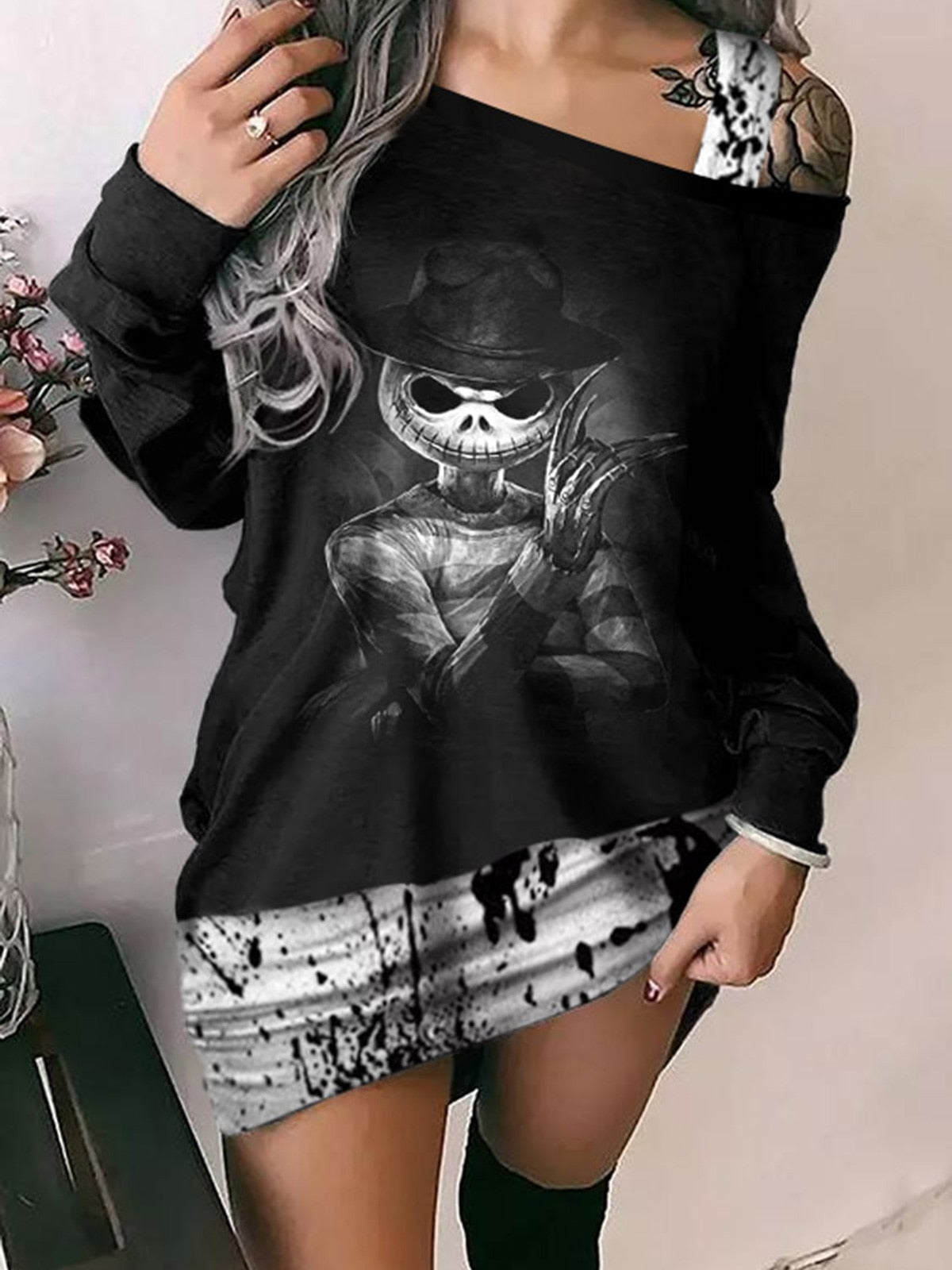 Halloween Skull One Sided Cold Shoulder Sweatshirt Dress Vintage Print Dress Vestidos Autumn Winter Long Sleeve Gothic Dress voguable