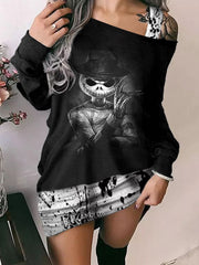 Halloween Skull One Sided Cold Shoulder Sweatshirt Dress Vintage Print Dress Vestidos Autumn Winter Long Sleeve Gothic Dress voguable