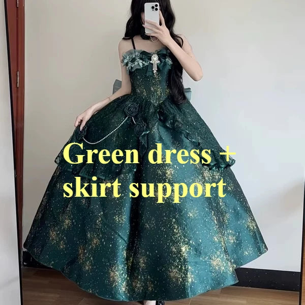 Voguable  Lolita Flower Wedding Evening Party Dress Women Green Suspender Long Dress Elegant Sexy Off Shoulder Lady Banquet Dress voguable