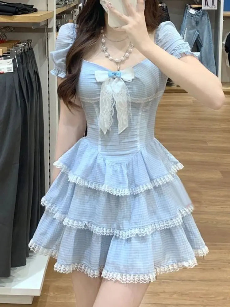 Voguable 2024 Summer Sweet Kawaii Blue Plaid Dress Woman Lolita Lace Y2k Mini Dress Short Party Elegant One Piece Dress Korean Fashion voguable