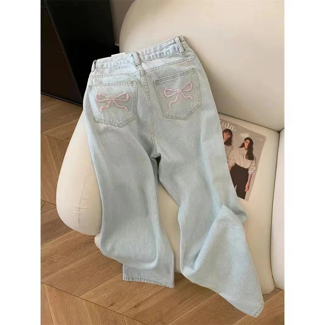 Voguable 2024 Blue Jeans for Women High Quality High Waist American Wide Leg Pants Bow Embroidery Y2K Vintage Straight Summer Trousers voguable