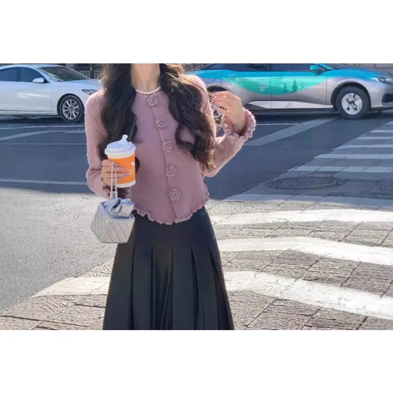Purple Camellia Knitted Cardigan Women Korean Wear Chic and Beautiful Short Tops and Jackets in Early Autumn voguable