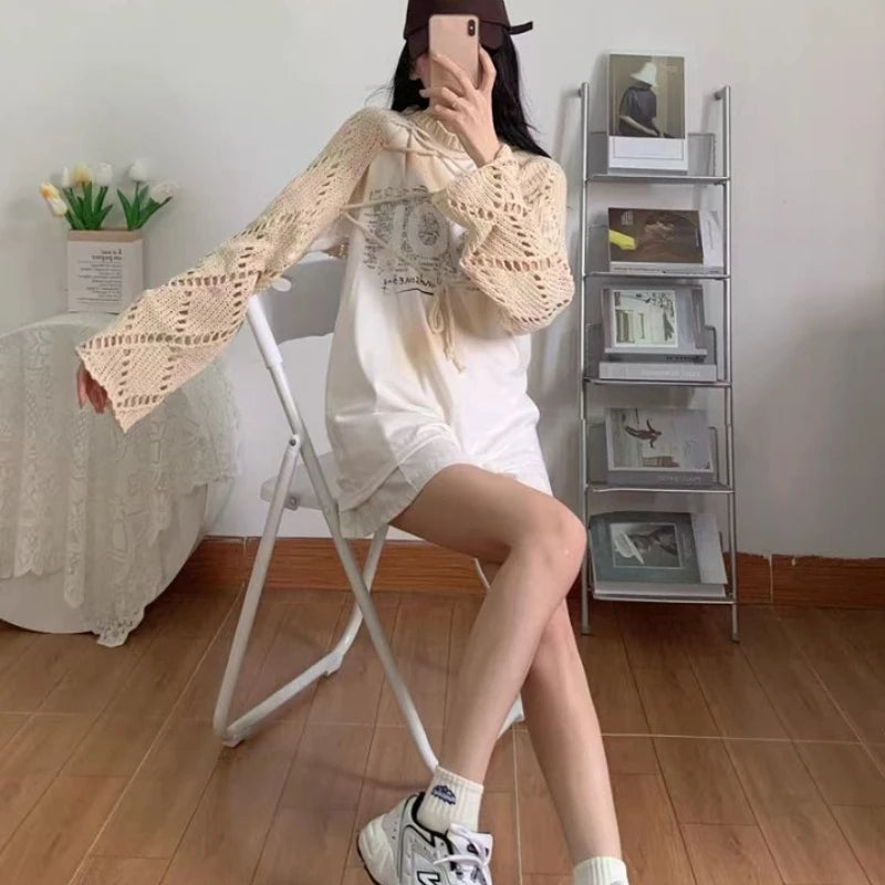 Voguable 2024 Summer New Letter Print Loose Casual Short Sleeve T-Shirt Women + Hollow Sunscreen Lace-Up Knit Sweater Two-piece Suit voguable