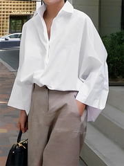 Stylish Selection Solid Color Lapel Collar Black White Blouse Spring Autumn Loose Causal Shirts Tops For Office Lady voguable