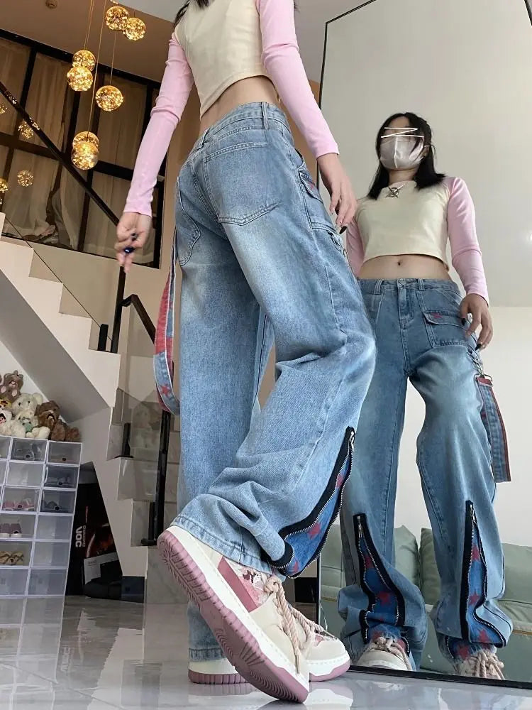 Korean fashion casual star print tooling jeans women's Baggy American stitching contrast color loose straight wide-leg pants ins voguable
