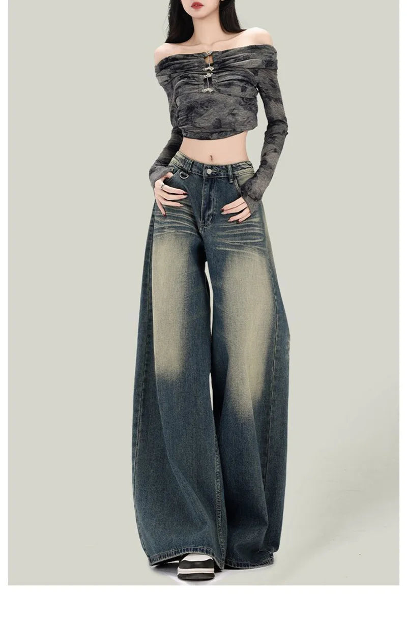 Women Streetwear Retro Jeans Loose High Waist Y2K Denim Pants Casual American Harajuku Fall Female Pockets Wide Leg Trousers New voguable