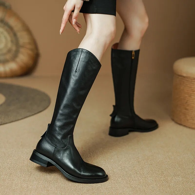 New Fashion Women Knee High Boots Genuine Leather High Heeled Autumn Winter Warm Shoes Woman Snow Motorcycle Boots Shoes voguable