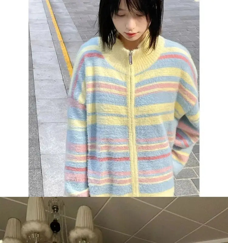 Striped Knit Splice Zipper Stand-UP Collar Sweater Autumn Winter Oversized Pullover Knitwear Women Soft Sweet Simple Cardigan voguable
