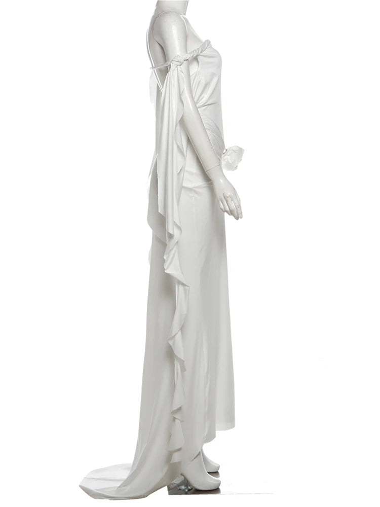 Voguable  Wedding Long Dress Women 3d Flowers Slash Neck Backless Irregular Ruffled Tassels Dinner Party Elegant Chic Vestidos voguable