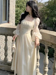 Autumn Vintage 2025 Sweet Beige Square Neck Princess Dress New French Style High Waist Slim Pleated Evening Long Dress Chic New voguable