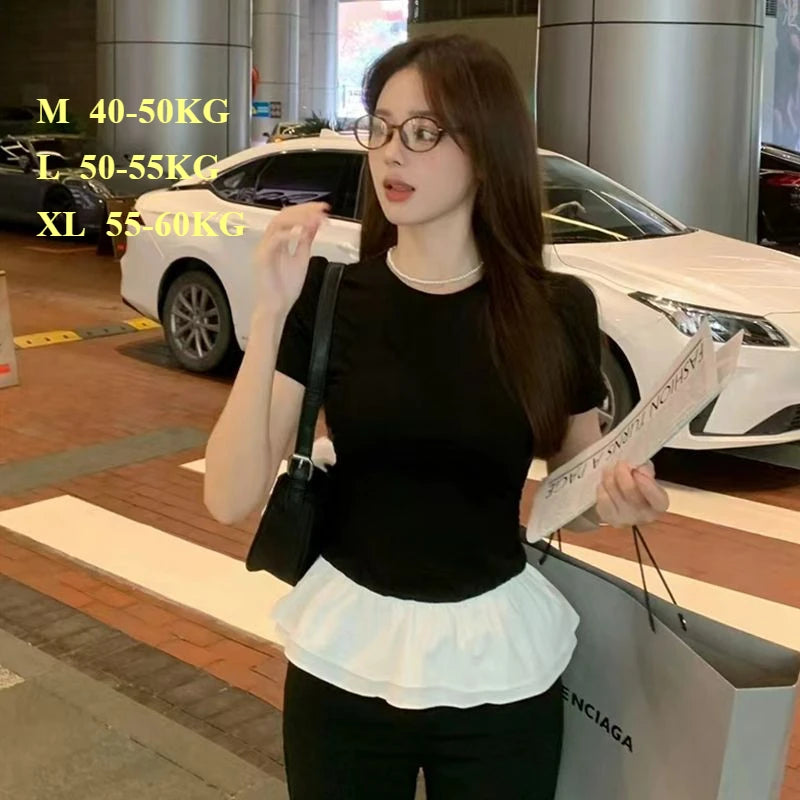 Women Patchwork Fringed Ruffles O-neck Cotton Tshirt Womans Summer Clothes Elegant Solid Shirt Women Slimming Short Sleeve Tee voguable