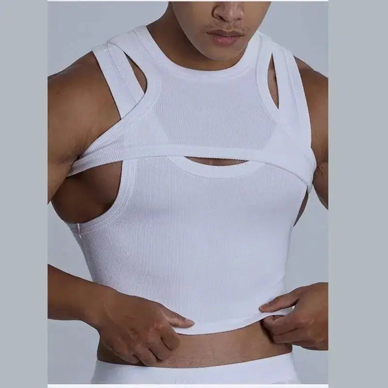 Voguable  Pure Cotton Tank Tops Men's Motion Tight Elastic Force Bottoming Shirt Round Neck Hollow Out Fashion Undershirt voguable