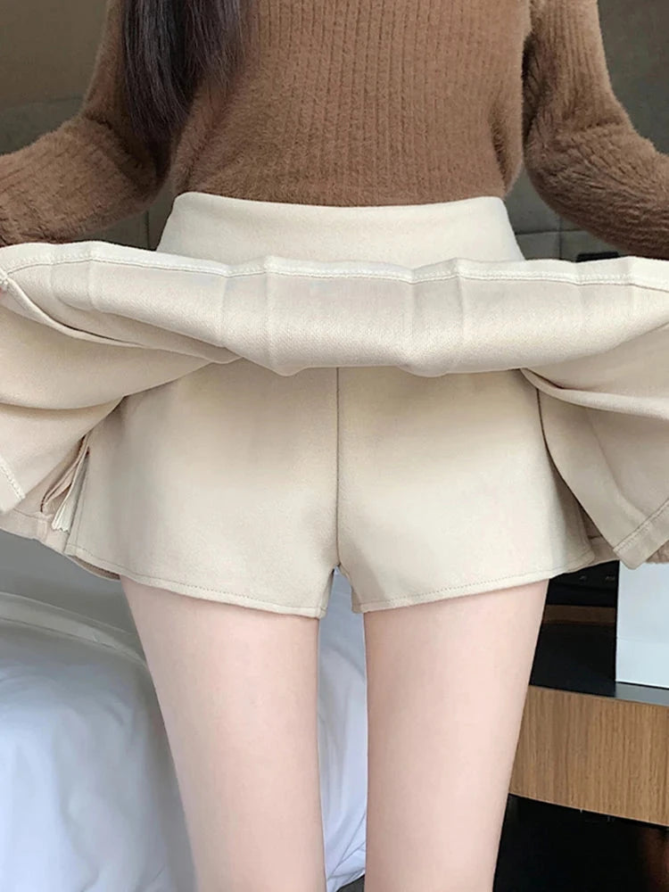 Retro Faux Woolen Pleated Skirt Women Sweet Slim Sexy Mini A Line Skirts Preppy Style High Waist Fall Winter Korean Skirt voguable