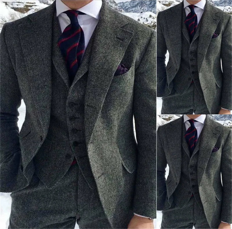 Suit Men 3 Pieces Formal Business Tweed Tuxedo for Men Tailor-made Retro Wedding Men's Suit Jacket Vest Pants Set voguable