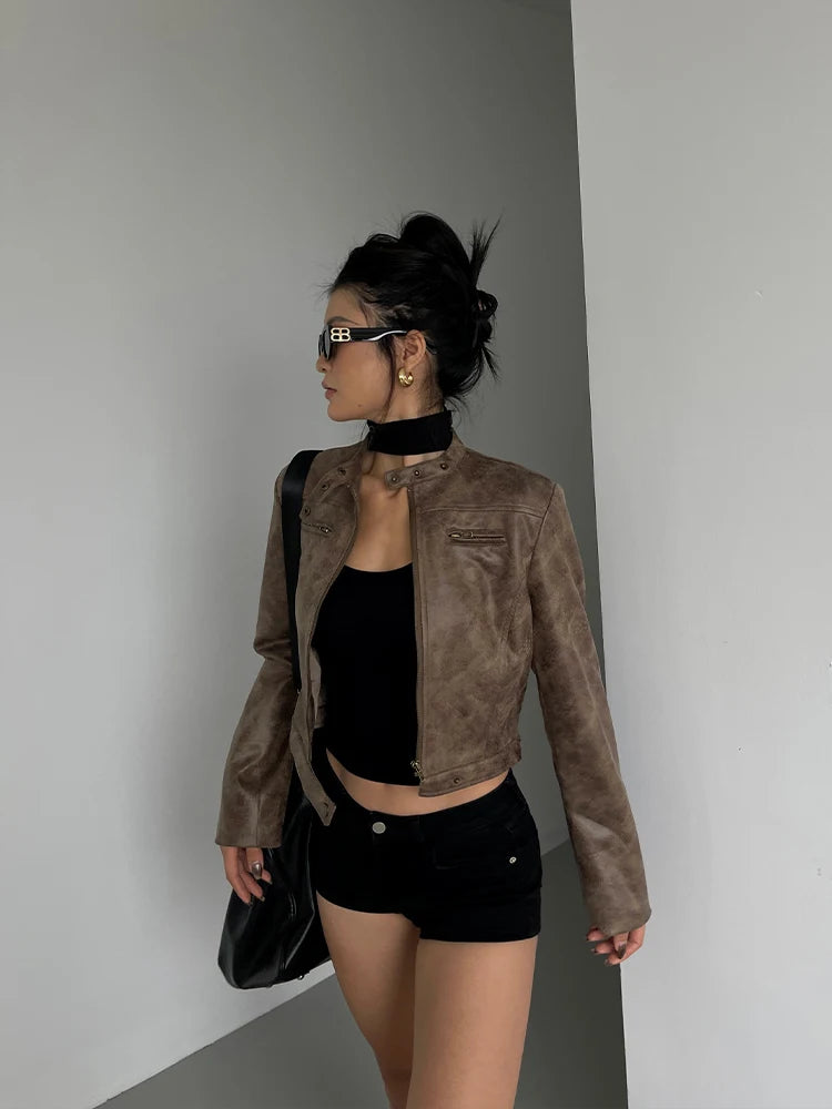 WOMENGAGA Stand Collar Jacket Leather Short Coat Women Autumn New Straight Tube Slim Short Motorcycle Jacket Korean Sweet D8FN voguable